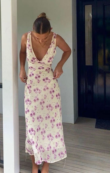 Simple A Line V Neck Print Floral Chiffon Prom Dress Evening Dress HZ1023